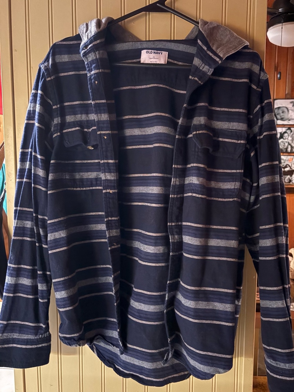 Old Navy Navy and Gray Striped Hooded Button-Up